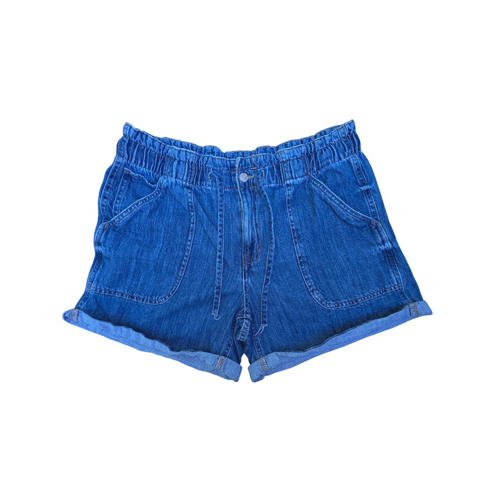Maurices Womens Blue Denim High Rise Paperbag Elastic Waist Jean Shorts Size 14